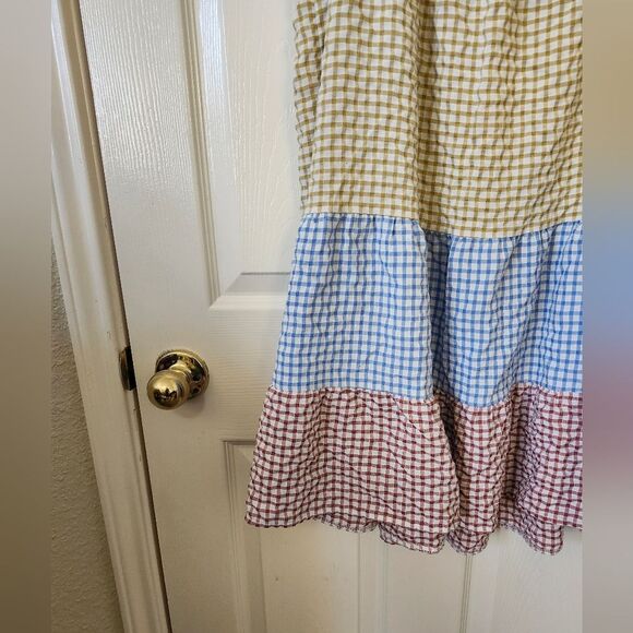 Boutique Gingham Blue Yellow Brown Plaid Ruffle Tiered Mini Dress XL - Picture 3 of 9